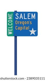 Vector illustration of the Welcome Salem (Oregon) Oregon's Capital road sign on metallic post