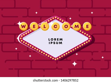 Vector illustration of welcome sign template with light bulbs and text Welcome to red brick wall