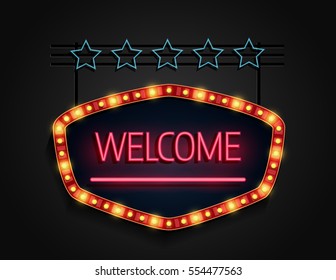 Vector Illustration Of Welcome Signboard Retro Style With Light Frame