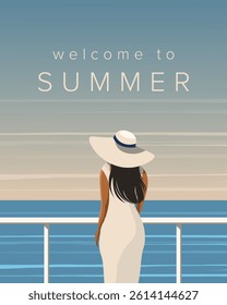 Vector illustration. Welcome to summer. Girl, sea. Modern design. Poster, banner, postcard, cover.