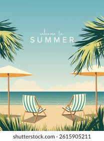 Vector illustration. Welcome to summer, poster, banner, postcard, vertical banner. Summer landscape, sea, rest. Modern design. Tourism, vacation.