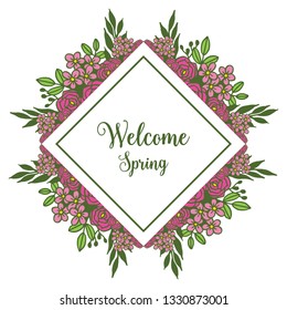 Vector illustration welcome write card with beautiful pink flower frame white backdrop hand drawn