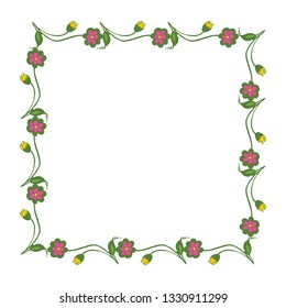 Vector illustration welcome write card with beautiful pink flower frame white backdrop hand drawn