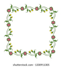 Vector illustration welcome write card with beautiful pink flower frame white backdrop hand drawn