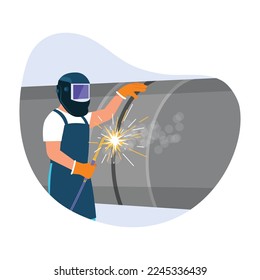 Vector illustration of welder. Cartoon scene with a man who welds an iron pipe in a factory on white background. Construction works.