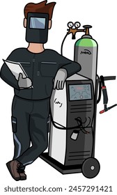 Vector illustration of a welder character in 2D flat style with welding machine. Ideal for use in various digital and print projects related to construction, engineering and educational purposes.