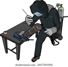 Vector illustration of a welder character welding pipe at workstation. Ideal for use in various digital and print projects related to construction, engineering and educational purposes.