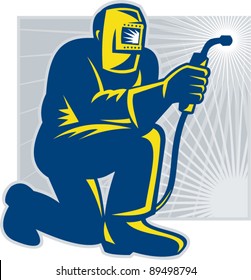 vector Illustration of a welder fabricator welding kneeling on one knee facing front done in retro woodcut style.