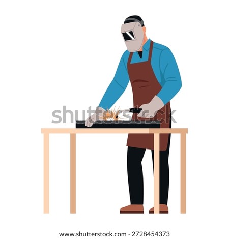 Vector illustration of a welder specialist.Cartoon scene of a welder in a protective helmet, apron, gloves, welding metal parts on a table, welding equipment,sparks fly isolated on a white background.
