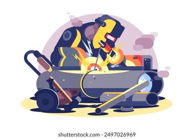 Vector illustration of a welder working with a welding machine. The welder is wearing protective gear, including a welding helmet, and sparks are flying as he welds a piece of metal.