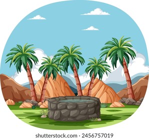 Vector illustration of a well in a tropical setting.