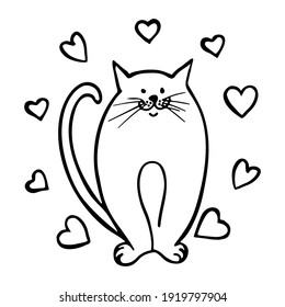 Vector illustration well  fed cat and hearts around him  Valentine's day concept  Doodle style outline 