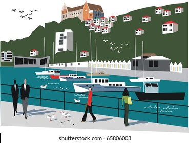 Vector illustration of Wellington boat harbour, New Zealand.