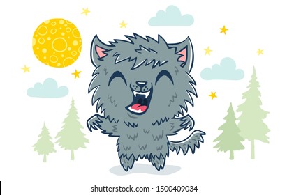 Vector illustration of a werewolf in kawaii style. Illustration of a cute kid in werewolf costume. Halloween monster.