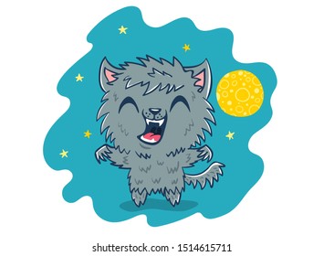 Vector illustration of a werewolf in kawaii style. Illustration of a cute kid in werewolf costume. Halloween monster.