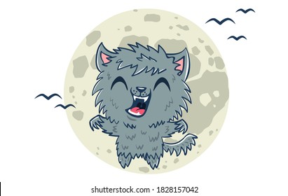 Ilustración vectorial de un hombre lobo al estilo kawaii. Ilustración de un niño lindo disfrazado de hombre lobo. Monstruo de Halloween.