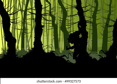 Vector illustration of a werewolf lurking in a creepy night forest with mist