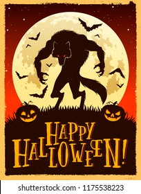 Vector illustration of a werewolf, pumpkin lanterns, and bats against the dark red night sky and the full moon. Happy Halloween text.