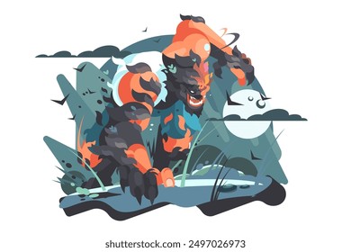 Vector illustration of a werewolf in the wild, roaring fiercely under the full moon. The scene is set in a dense forest with a dramatic atmosphere.