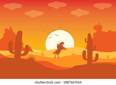 Vector illustration of Western desert silhouette. Wild west sunset in desert with mountains and cactus - cowboy and horse silhouette