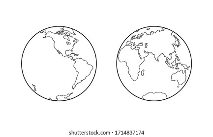 Vector illustration of Western and Eastern Hemispheres of planet Earth, silhouettes of continents, contour line. Eurasia, America, Africa, Australia, Antarctica