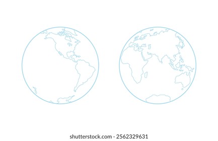 Vector illustration of Western and Eastern Hemispheres of planet Earth, silhouettes of continents, contour line. Eurasia, America, Africa, Australia, Antarctica