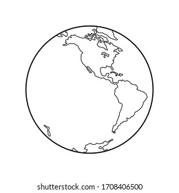 Ilustración vectorial del Hemisferio Occidental del Planeta Tierra, siluetas de continentes, línea de contorno. América del Norte y del Sur, Antártida