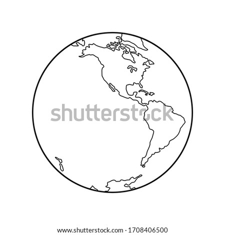 Vector illustration of Western Hemisphere of planet Earth, silhouettes of continents, contour line. North and South America, Antarctica