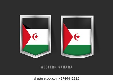 Vector illustration of Western Sahara flag on 3D metallic shields. Features Pan-Arab tricolor with red crescent and star. Symbol of Sahrawi Arab Democratic Republic heritage and identity