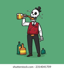 Vector illustration western skeleton bartender drinking in hand drawn style