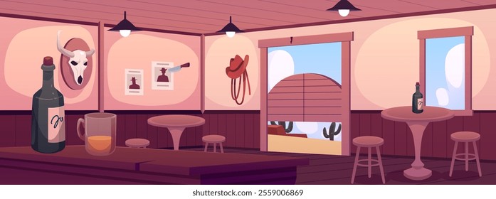 Vector illustration in Western style with a bar with a cow's skull and tables, chairs and alcoholic beverages. Interior with elements of the wild Wes