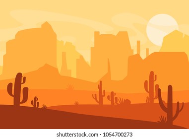 Vector illustration of Western Texas desert silhouette. Wild west america scene with sunset in desert with mountains and cactus in flat cartoon style.
