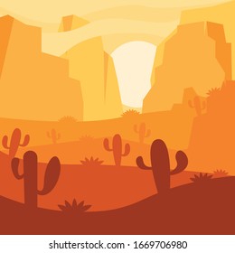 Vector illustration of Western Texas desert silhouette. Wild west america scene with sunset in desert with mountains and cactus in flat cartoon style.