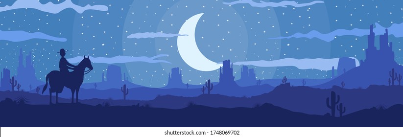 Vector illustration of Western Texas desert panoramic view on night time with mountains, cowboy, cactus with star and moon on the sky in flat cartoon style