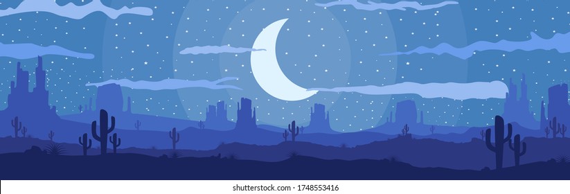 Vector Illustration Of Western Texas Desert Panoramic View At Night Time With Mountains And Cactus.  Stars And Moon In The The Sky.  Flat Cartoon Style.