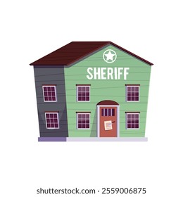 Vector illustration Western-style wooden house with sheriff sign and a star on a white background. A building from a Texas village with traditional architecture