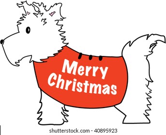 Vector illustration of Westie dog with red Merry Christmas coat