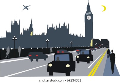 Vector illustration of Westminster bridge traffic at night, London England.
