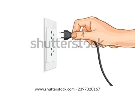 vector illustration of wet hand holding electrical cord plug to connect power plug into electric outlet on wall,wrong way to unplug,life threatening,on white.Dangerous to life,safety from electricity.