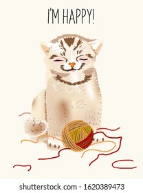Vector illustration of a wet kitten with a ball of thread. The kitten is very happy