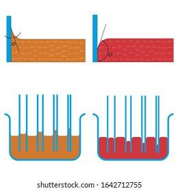 Vector illustration of wetting on the border of liquids with solids