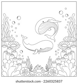 Vector illustration with whale, algae and sea floor. Cute square page coloring book for children. Simple funny kid's drawing. Black lines, sketch on a white background.