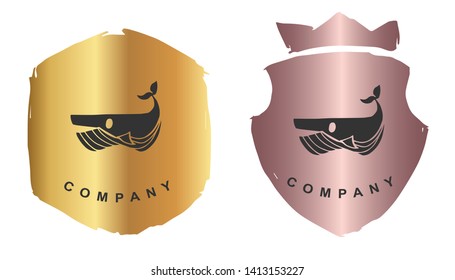 Vector Illustration of Whale Animal with Rose Gold and Gold Banner or Background. Graphic Design for Logo and T-shirt.