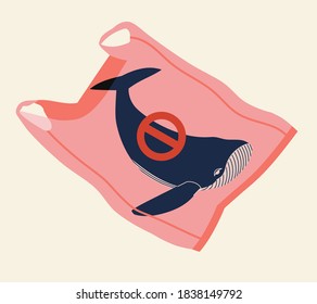 Ilustración vectorial de una ballena en una bolsa de plástico beige en el mar beige con una señal de parada. Concepto de reciclado de plástico, ecología, cero desperdicio. Ilustración de la ecología colorida dibujada a mano. 