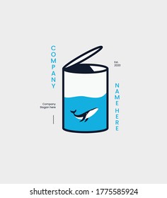 Vector illustration of whale in a beverage can, creative t shirt design concept. Logo, icon, sign template
