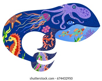 Vector illustration of whale, blue whale, octopus, seahorse, starfish, jellyfish. Isolated on white.