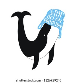 Vector illustration with whale and blue plastic bag. Stop ocean pollution lettering text, ecological problem poster