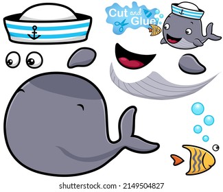 Vector illustration of whale cartoon wearing sailor hat with little fish. Cutout and gluing