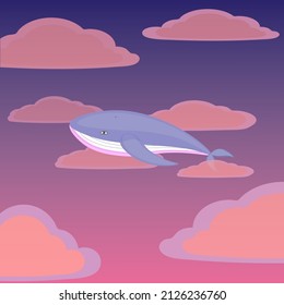 Vector illustration of a whale. A cartoon-style whale. A flying whale at sunset.