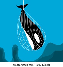 Vector illustration of a whale caught in a fishing net. Don't catch whales with nets. Blue sea background.